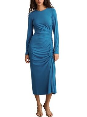 Reiss NWT Rosie Long Sleeve Ruched Midi Dress Blue Jersey Knit Women’s Size 10